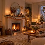 Salon aux décorations de Noël originales Salon décoré pour Noël avec des décorations originales : sapin mural, sapin en papier plissé et guirlande d'orange séchée