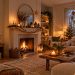 Salon décoré pour Noël avec des décorations originales : sapin mural, sapin en papier plissé et guirlande d'orange séchée