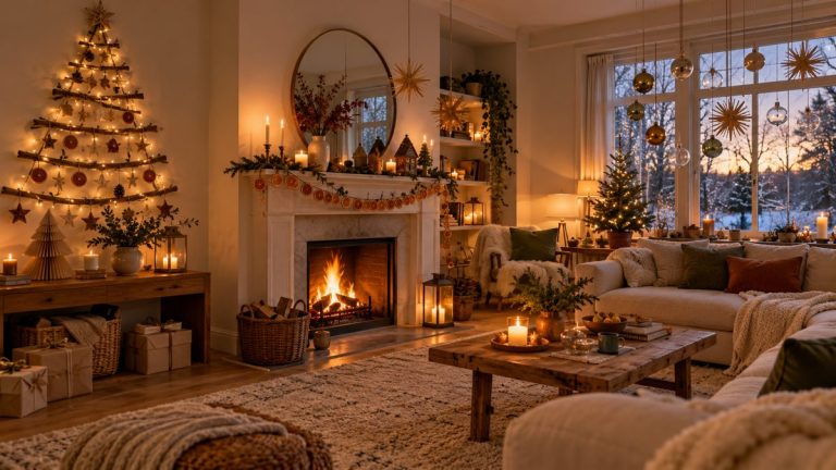 Salon aux décorations de Noël originales Salon décoré pour Noël avec des décorations originales : sapin mural, sapin en papier plissé et guirlande d'orange séchée