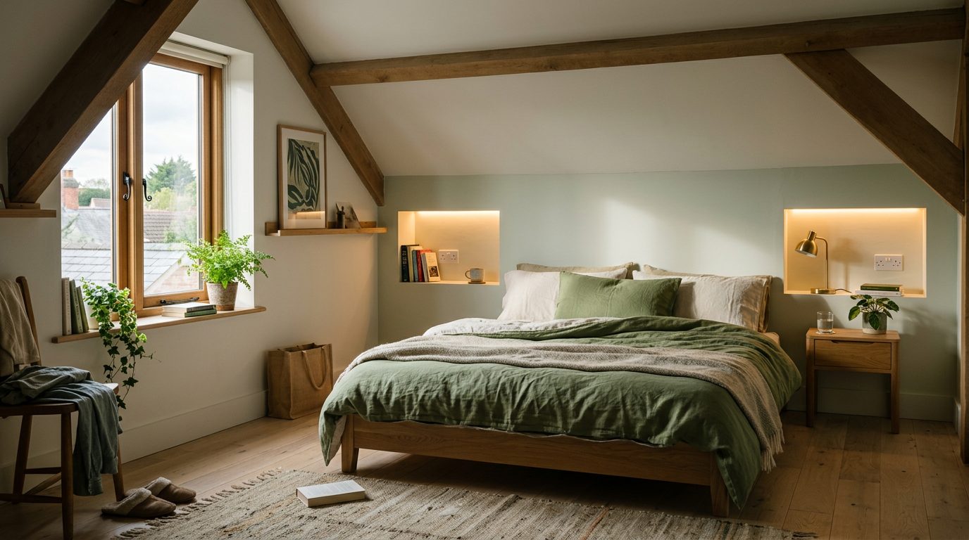 Doublage avec niches derrière le lit Doublage avec niches éclairées et prises intégrées derrière un lit bas sous combles