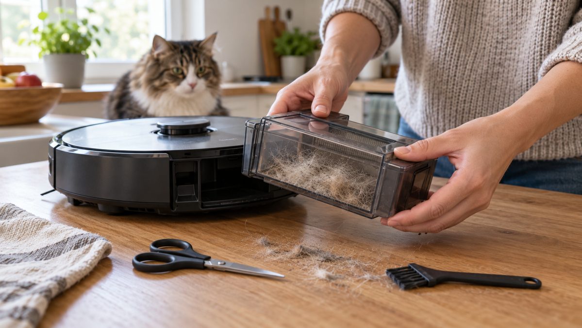 Entretien du bac et de la brosse d'un robot aspirateur Mains vidant le bac d'un robot aspirateur avec ciseaux et petite brosse posés sur une table