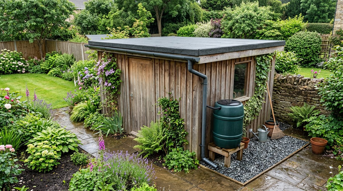 Évacuation de l'eau d'un abri de jardin Gouttière et descente d'un abri à toit plat qui évacuent l'eau vers un lit de graviers