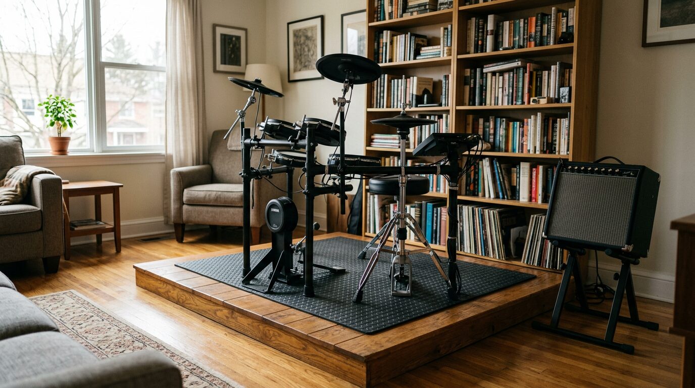 Batterie électronique sur plateforme désolidarisée Batterie électronique posée sur un tapis épais et une plateforme en bois dans un salon