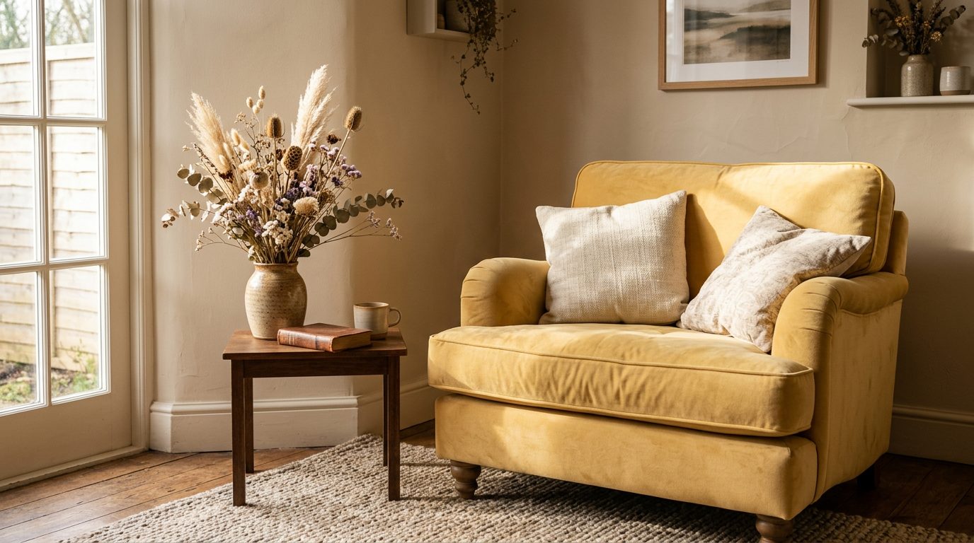 Fauteuil jaune beurre en intérieur neutre Fauteuil et coussins jaune beurre dans un intérieur beige éclairé par la lumière du soir