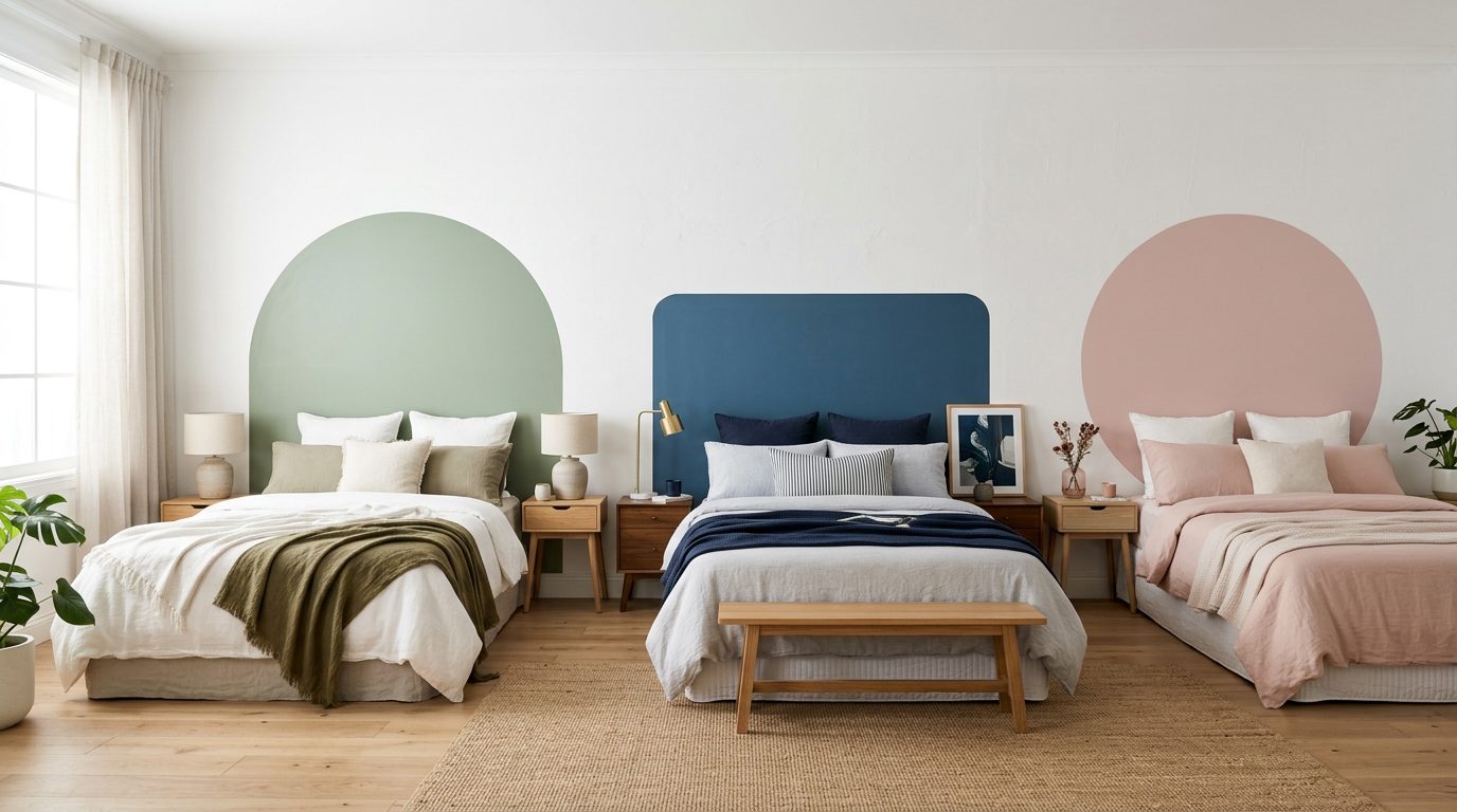 Formes de tête de lit peinte au mur Trois formes de tête de lit peintes au mur : arche verte, rectangle bleu et cercle rose