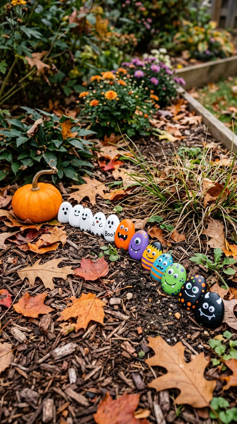 Galets peints en petits monstres et fantômes colorés alignés dans un massif de jardin avec feuilles d'automne