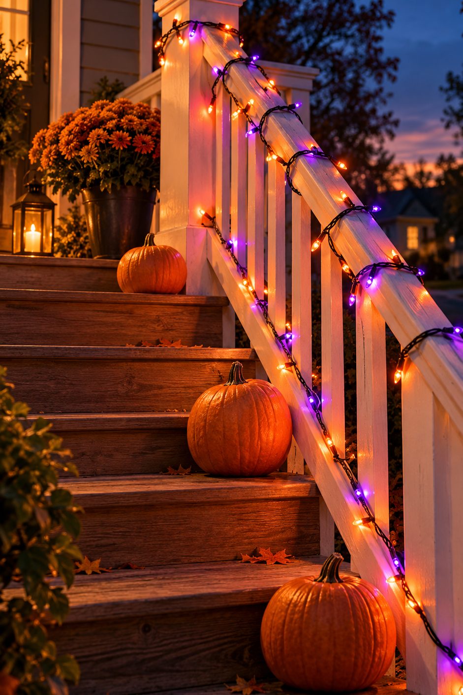 Rampe d'escalier d'un perron enroulée d'une guirlande lumineuse orange et violette, avec des citrouilles sur les marches