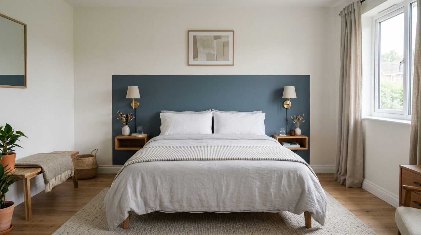 Hauteur et largeur d'une tête de lit peinte Rectangle bleu gris peint derrière un lit, plus large que le matelas et dépassant des oreillers