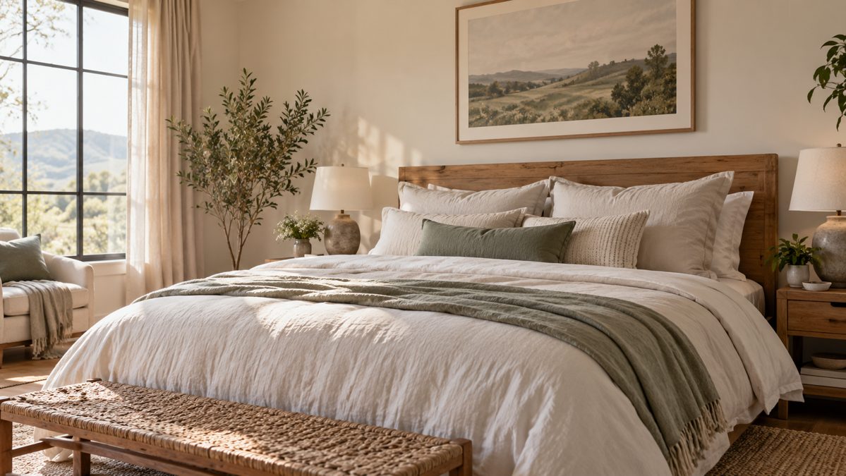 Hauteur visible d'une tête de lit Tête de lit en bois à moitié masquée par un matelas épais et plusieurs oreillers