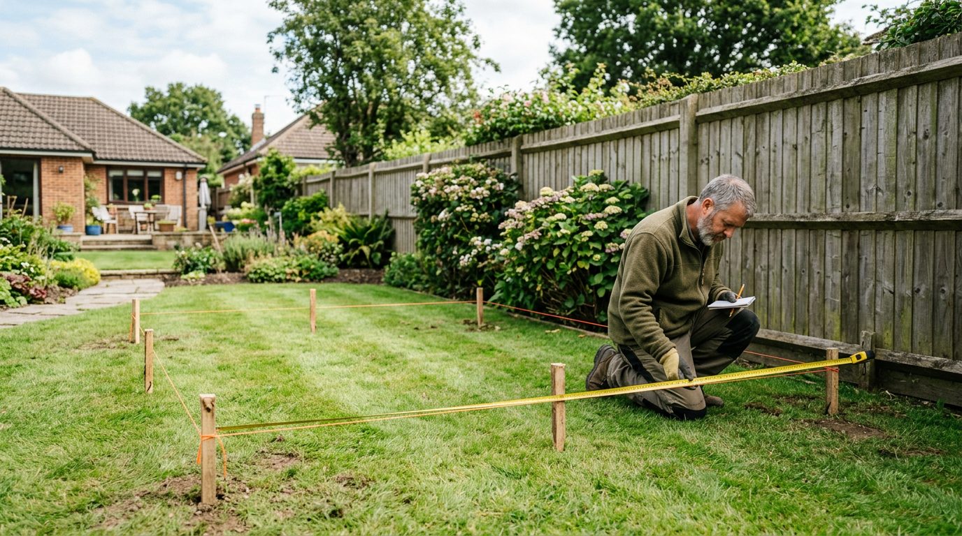 Implantation d'un abri de jardin avant travaux Piquets et cordeau marquant l'emplacement d'un futur abri de jardin à distance de la clôture