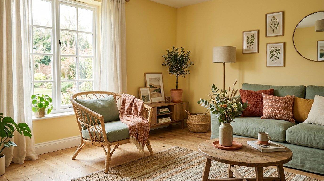 Jaune beurre, terracotta et vert sauge Pièce jaune beurre avec bois clair, rotin, touches terracotta et vert sauge