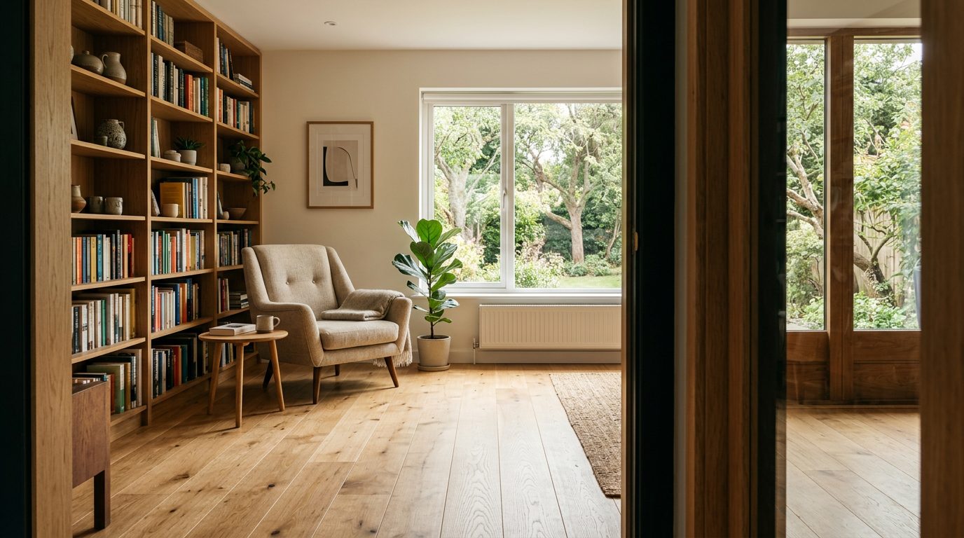 Lames de parquet perpendiculaires à la fenêtre Séjour avec lames de parquet perpendiculaires au mur de la fenêtre et joints discrets