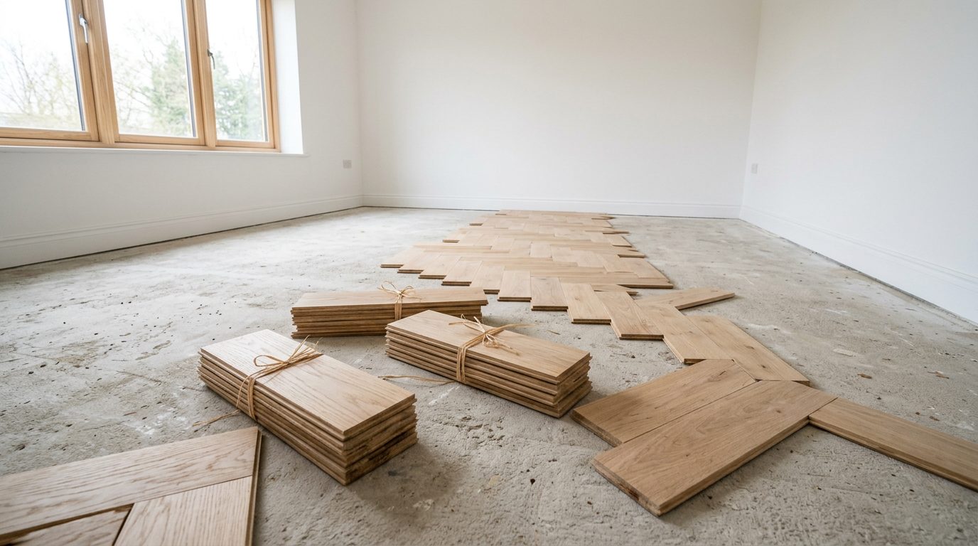 Lames de parquet posées à blanc pour tester le sens Pièce vide avec quelques lames de parquet posées à blanc au sol pour tester le sens