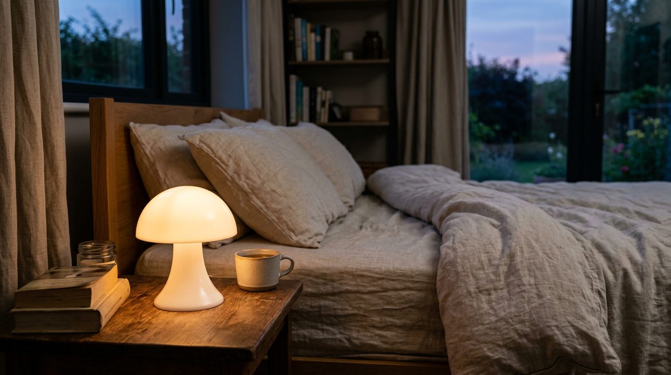 Lampe champignon blanche sur table de chevet Petite lampe champignon blanche allumée sur une table de chevet en chambre