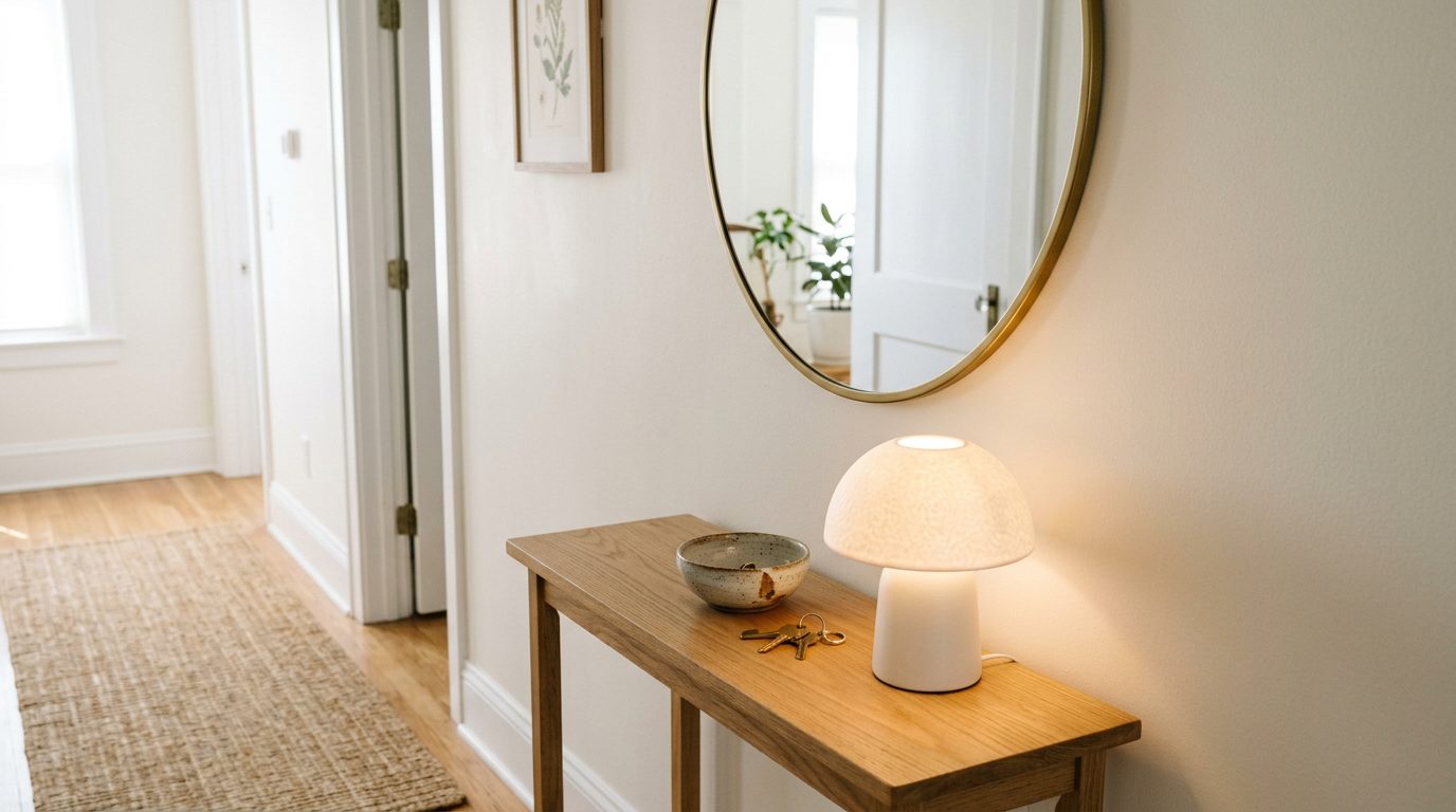 Lampe champignon sur console d'entrée étroite Lampe champignon compacte posée sur une console d'entrée étroite sous un miroir