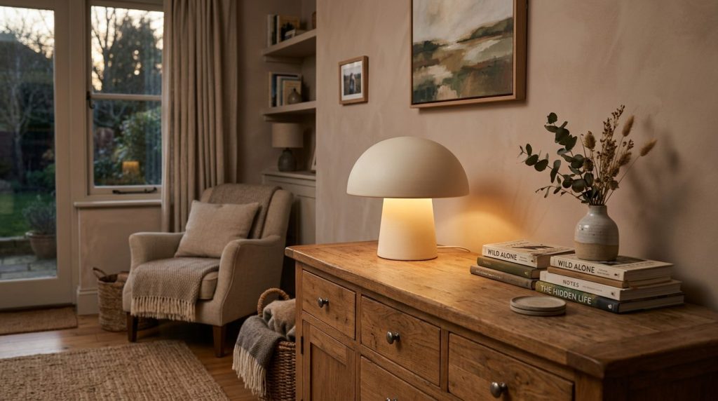 Lampe champignon design sur buffet en bois Lampe champignon design allumée sur un buffet en bois dans un salon chaleureux