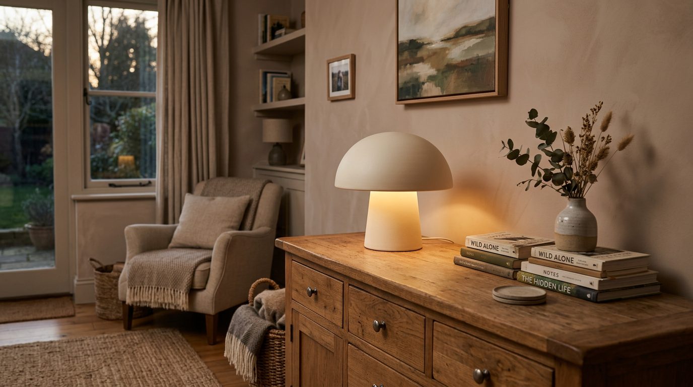 Lampe champignon design allumée sur un buffet en bois dans un salon chaleureux