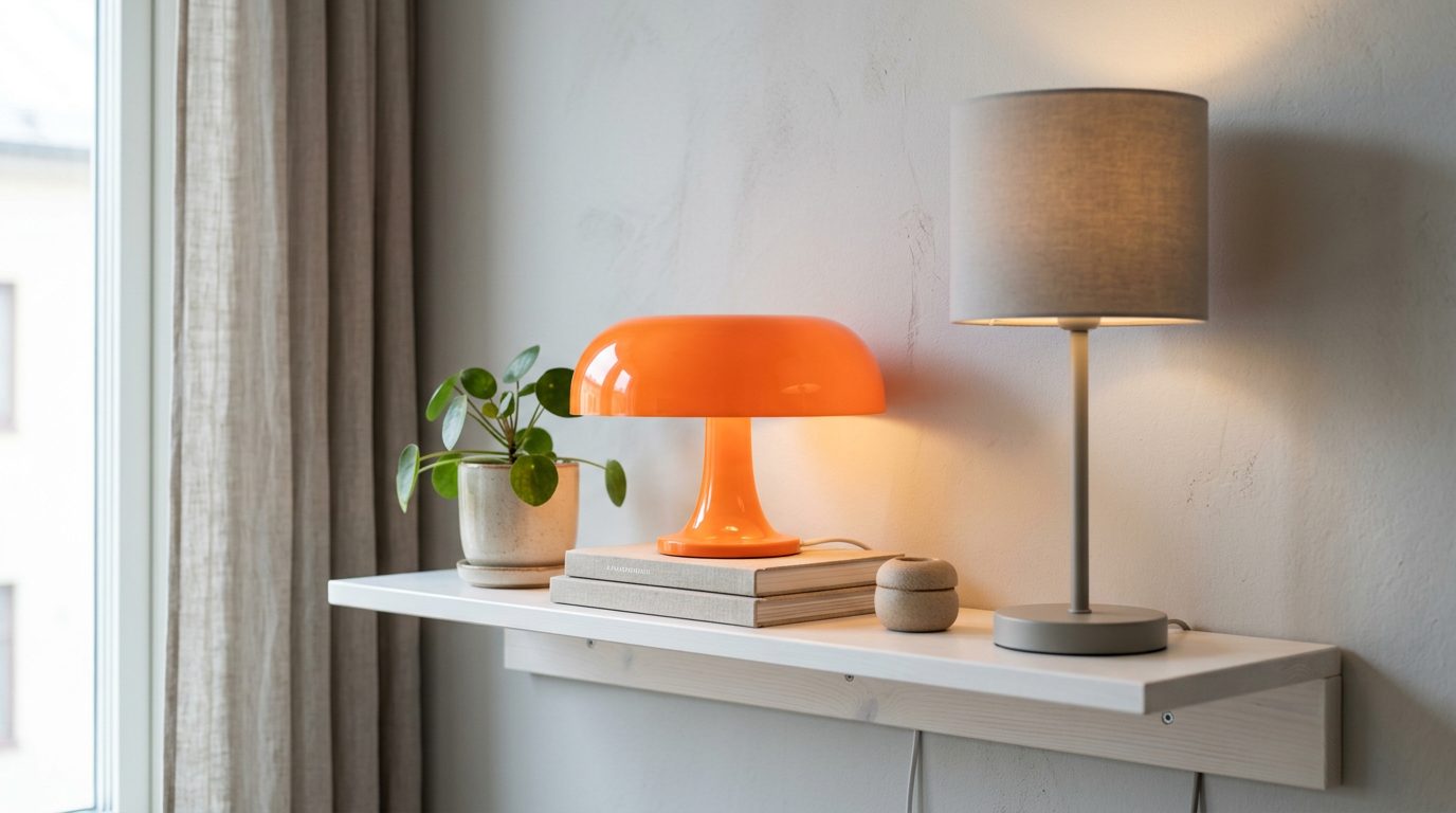 Lampe champignon orange en point focal Lampe champignon orange posée sur une étagère blanche à côté d'une lampe grise moderne