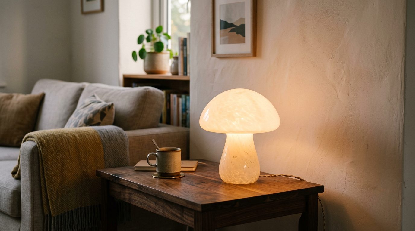 Lampe champignon en verre opale allumée Lampe champignon en verre opale diffusant une lumière chaude sur une table en noyer