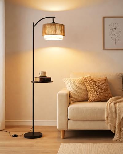 Lampe de sol en rotin avec table intégrée