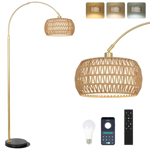 Lampe Dorée Moderne Boho avec Abat-jour en Rotin