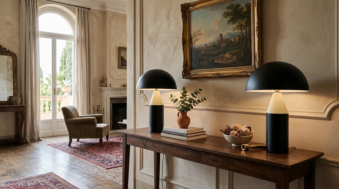 Paire de lampes champignon métal sur console Deux lampes champignon en métal de chaque côté d'une console dans un salon élégant