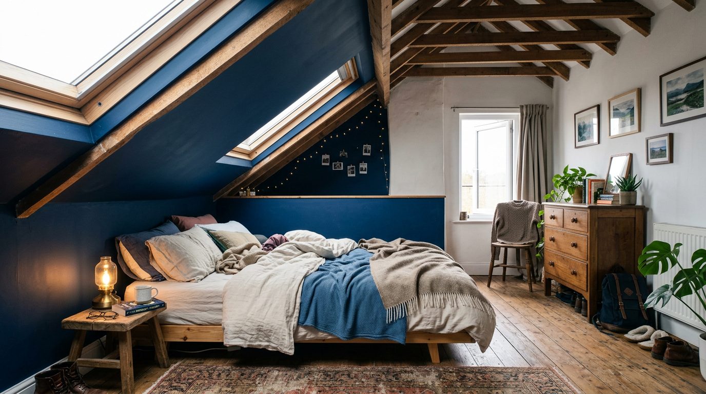 Lit sans tête de lit sous pente basse Lit bas sans tête de lit contre une pente peinte en bleu marine dans des combles