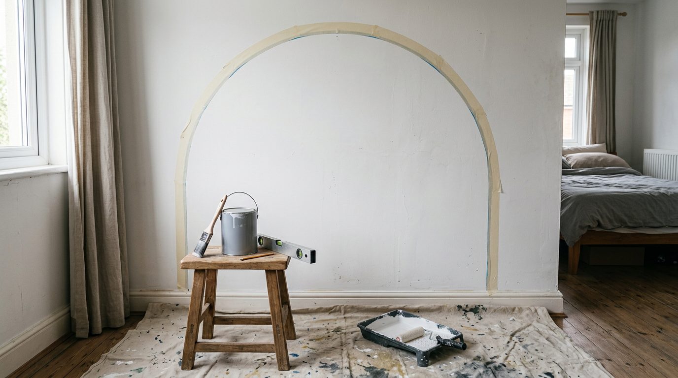 Matériel pour peindre une tête de lit Mur de chambre préparé avec ruban de masquage en arche, bâche, rouleau et pinceau