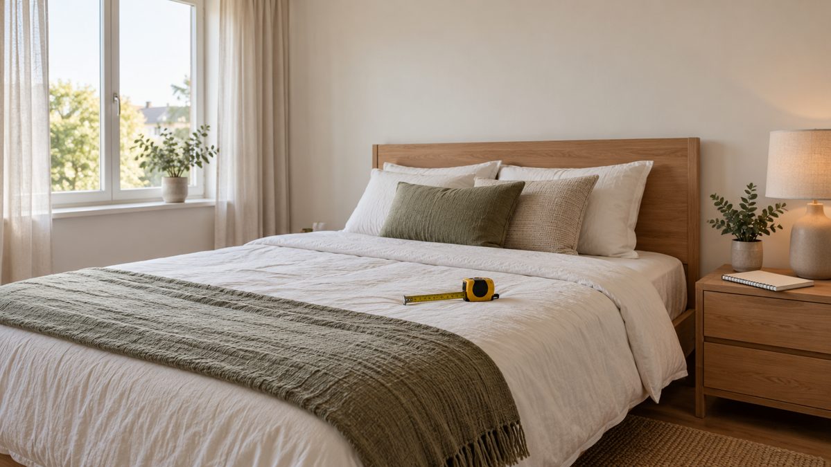 Mesurer son couchage avant de commander Lit de 140 cm avec mètre ruban posé sur la couette pour mesurer le couchage