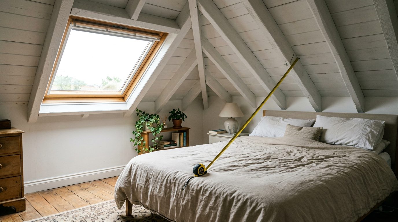 Mesurer la hauteur libre sous le rampant Mètre ruban tendu entre le matelas et le rampant dans une chambre sous combles