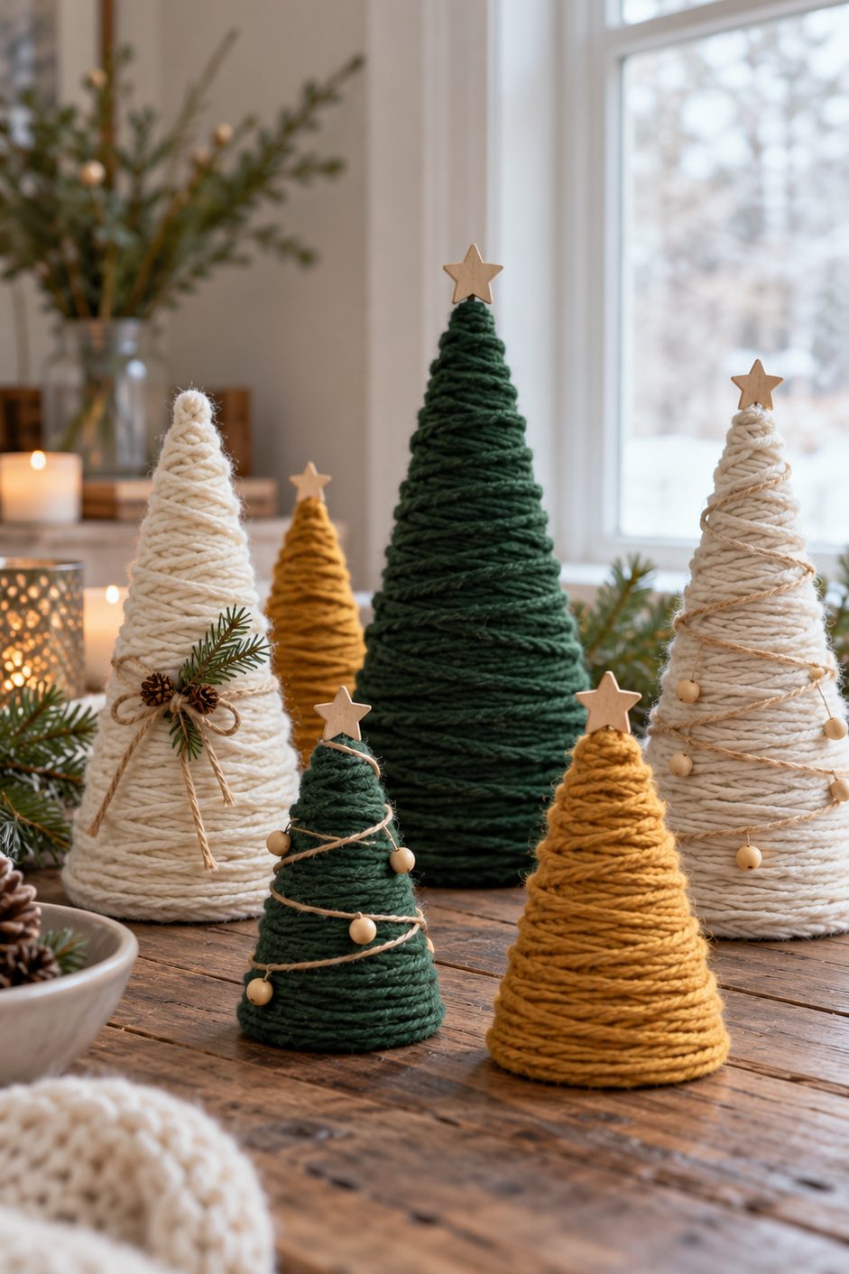 Mini sapins en carton et laine Petits sapins en cônes de carton enveloppés de laine verte, crème et moutarde sur une table