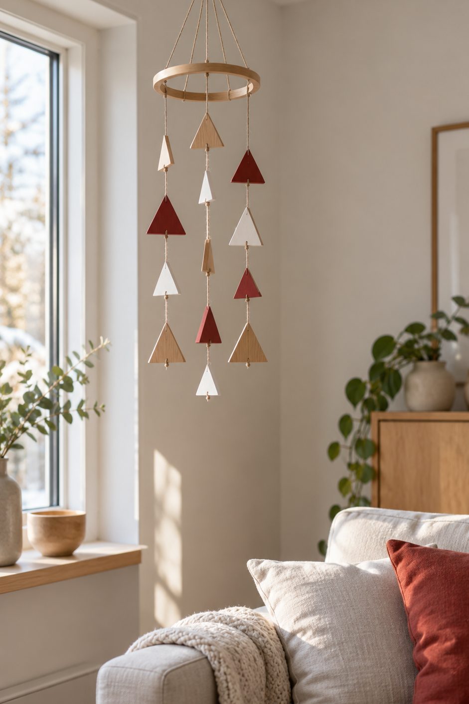 Mobile de triangles en bois Mobile de petits triangles en bois naturel, blanc et rouge suspendu à un cerceau dans un salon scandinave