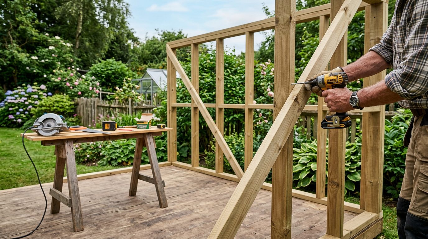 Montage de l'ossature bois d'un abri Ossature en bois d'un abri de jardin en cours de montage sur son plancher, outils à proximité