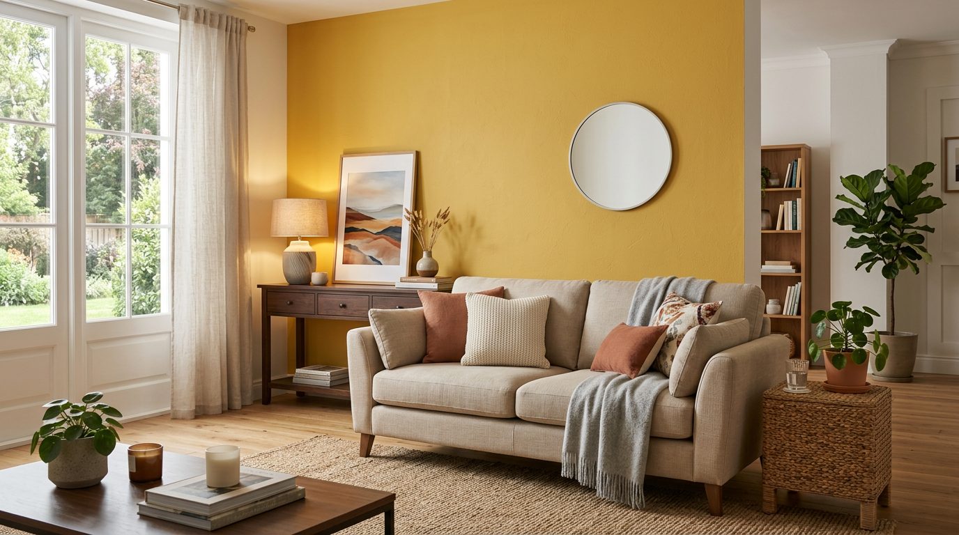 Mur d'accent jaune beurre derrière un canapé Mur d'accent jaune beurre derrière un canapé beige dans un salon clair