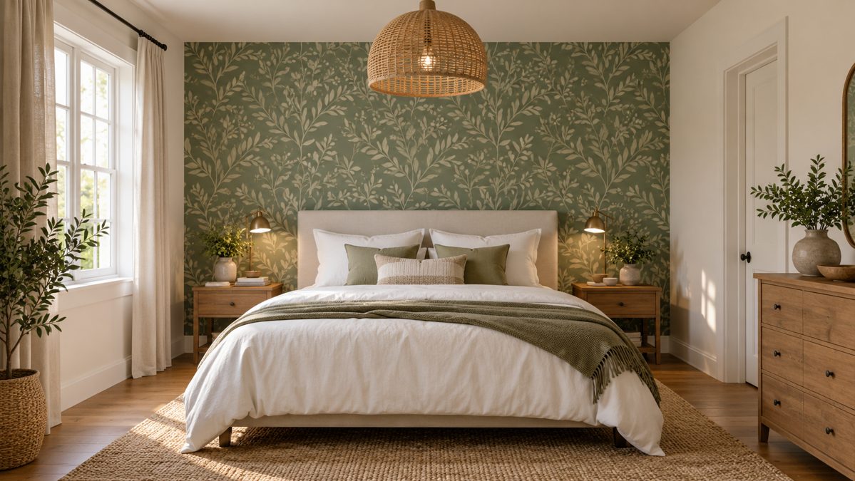 Mur entier en papier peint végétal Chambre dont le mur derrière le lit est entièrement couvert de papier peint feuillage vert sauge