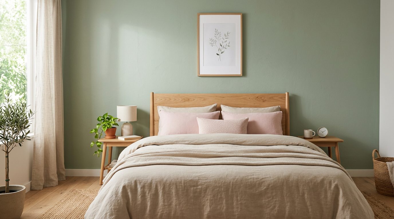 Mur de tête de lit vert sauge Tête de lit devant un mur vert sauge avec linge beige et coussins rose poudré
