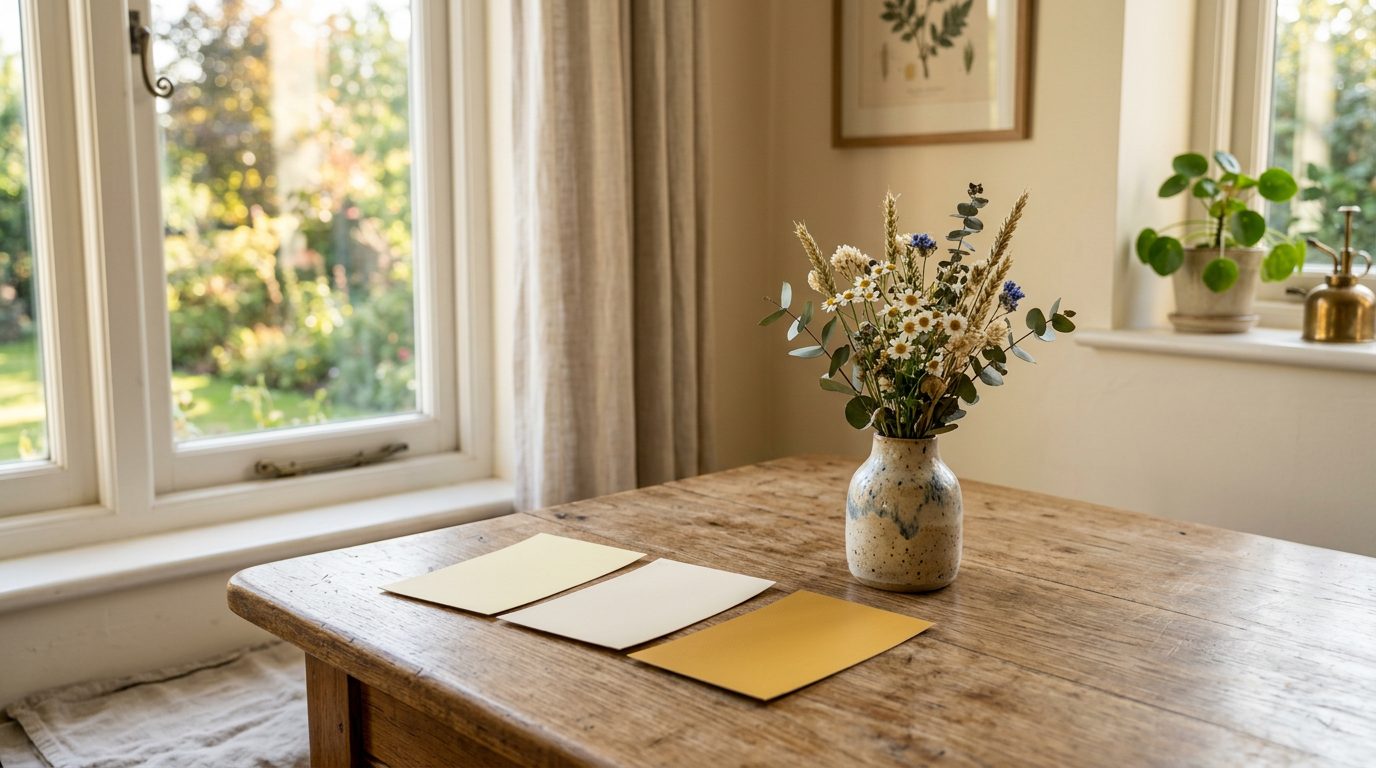 Nuancier de jaunes pâles sur une table Échantillons de peinture jaune beurre, crème et moutarde posés près d'une fenêtre