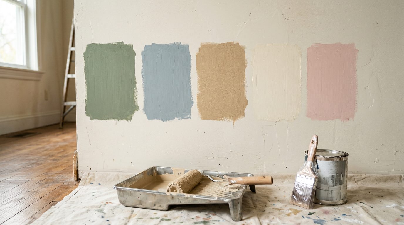Nuancier de teintes douces pour chambre Cinq échantillons de peinture vert sauge, bleu grisé, sable, blanc cassé et rose poudré sur un mur