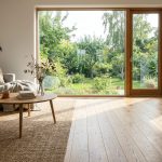Parquet chêne orienté vers la baie vitrée Salon lumineux avec parquet en chêne posé dans le sens de la lumière de la baie vitrée