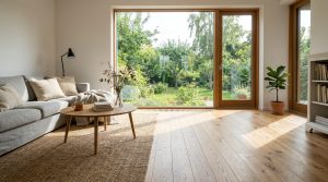 Salon lumineux avec parquet en chêne posé dans le sens de la lumière de la baie vitrée
