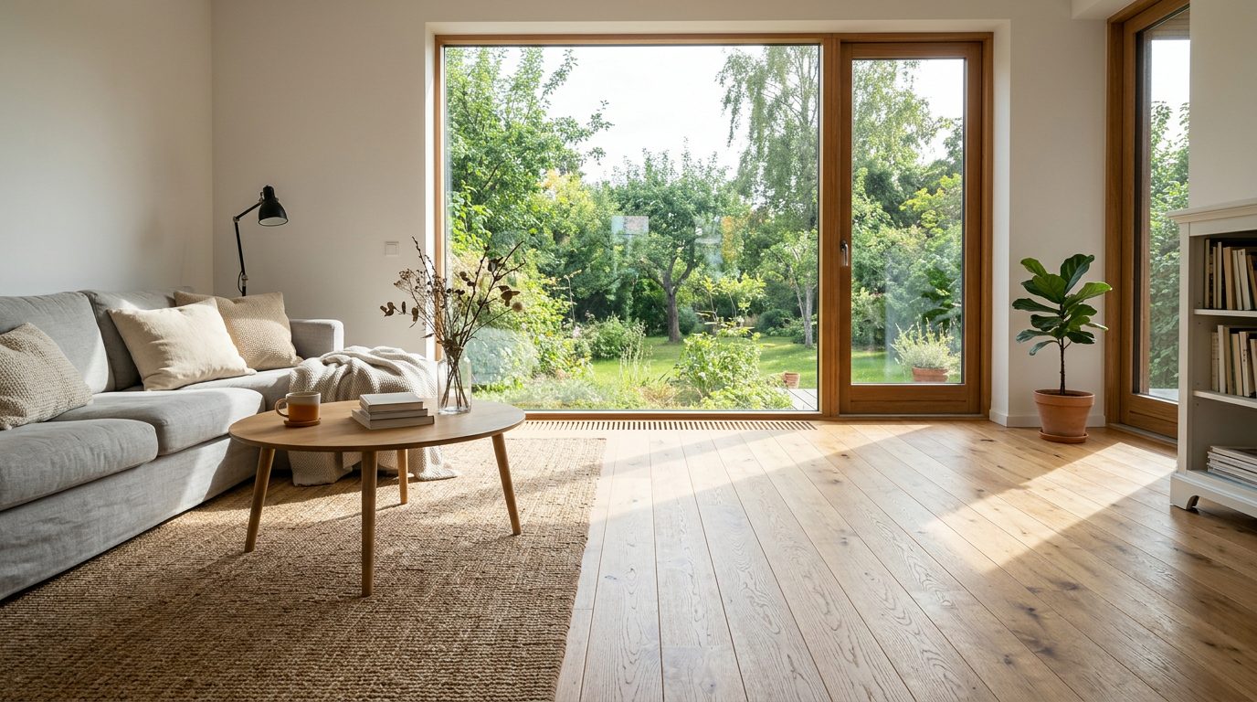 Salon lumineux avec parquet en chêne posé dans le sens de la lumière de la baie vitrée