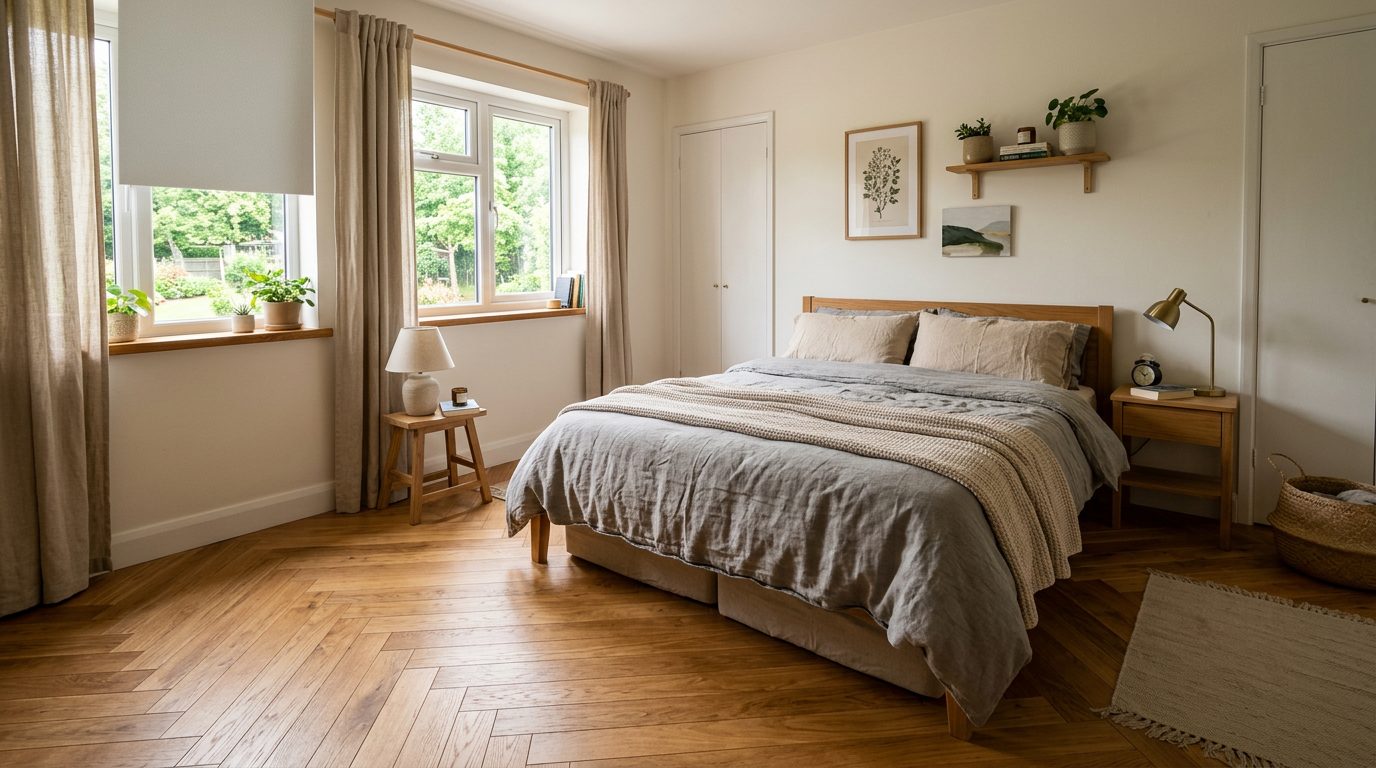 Parquet en diagonale dans une petite chambre Petite chambre claire avec parquet posé en diagonale à 45 degrés