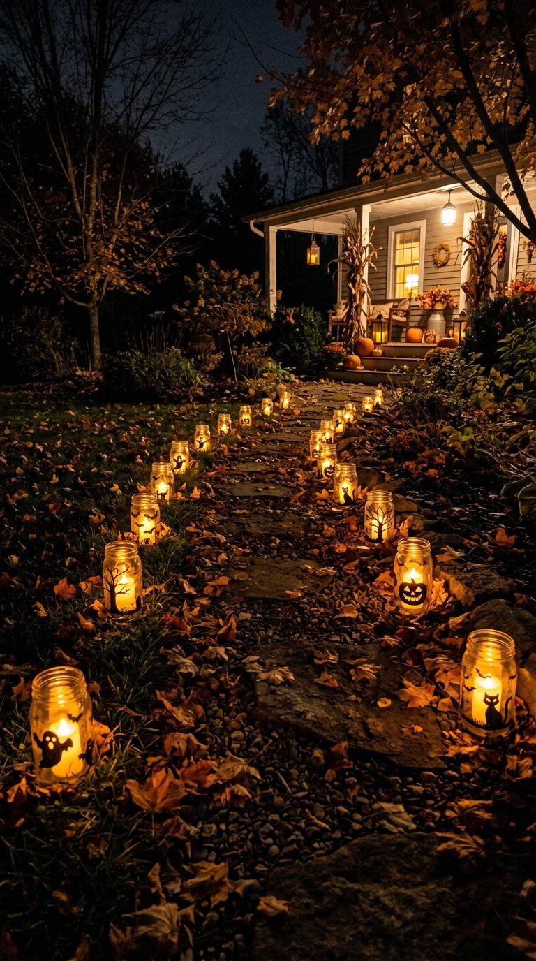 Allée de jardin bordée de bocaux en verre éclairés par des bougies LED menant au porche
