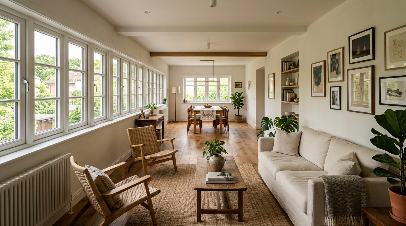 Pièce tout en longueur et parquet dans la longueur Pièce longue et étroite avec fenêtres sur un grand côté et parquet posé dans la longueur