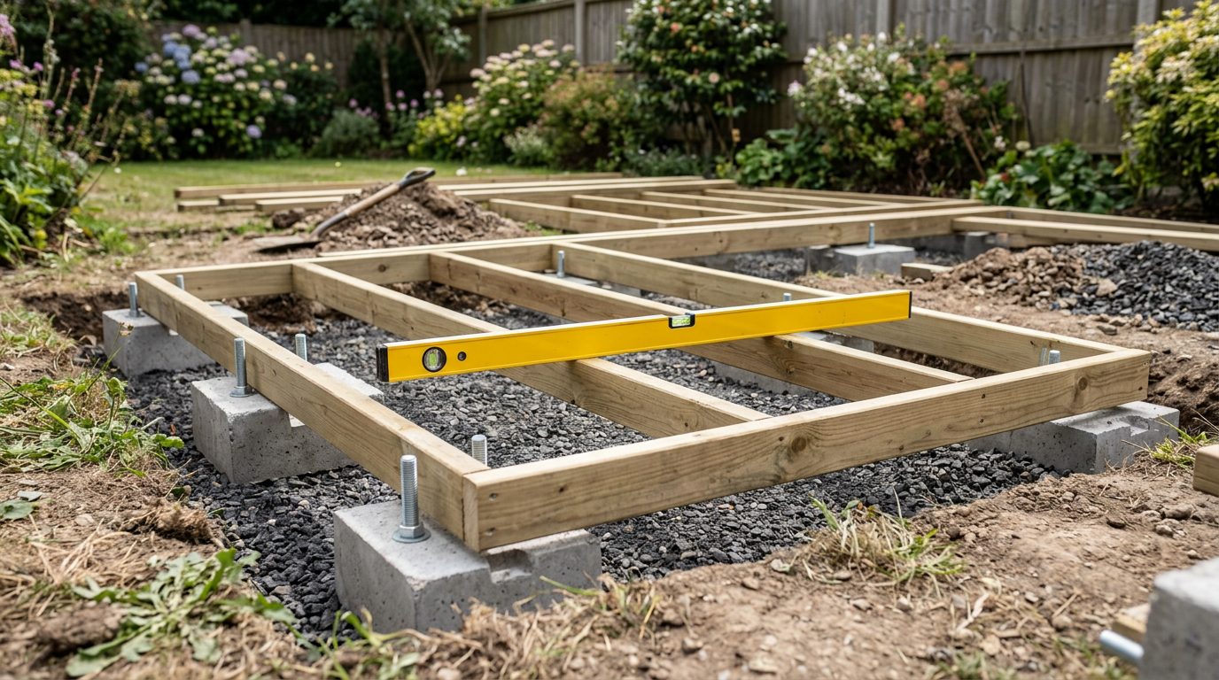 Plots béton et cadre de plancher d'un abri Plots béton posés sur gravier compacté supportant le cadre en bois du plancher d'un abri