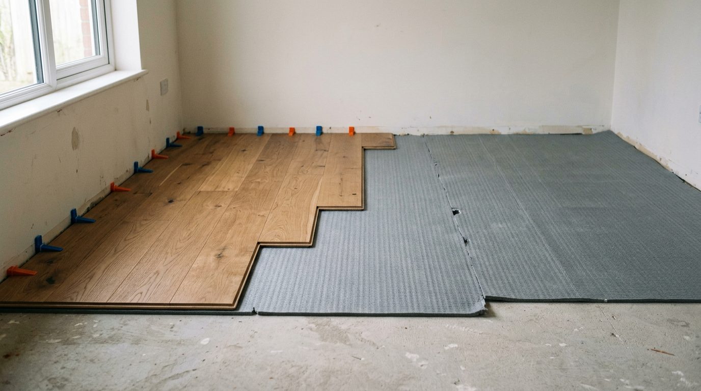 Pose flottante avec jeu de dilatation le long du mur Pièce en chantier avec parquet flottant à moitié posé et cales de dilatation au mur