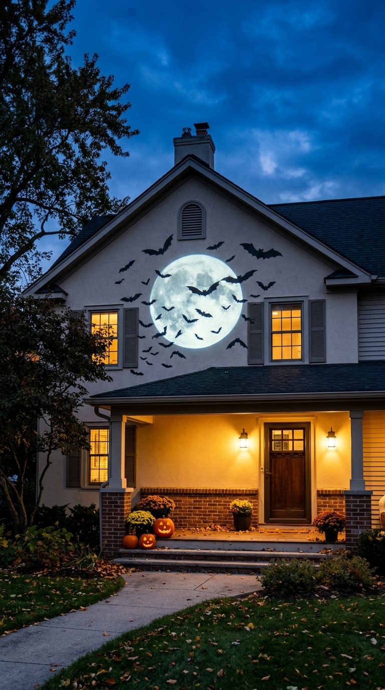 Façade de maison au crépuscule avec projection de chauves-souris et d'une pleine lune sur le mur