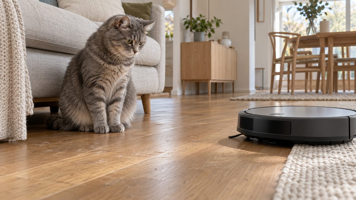 Chat gris et robot aspirateur sur parquet Chat gris assis sur un parquet pendant qu'un robot aspirateur approche d'un tapis