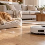 Aspirateur robot et chien dans un salon lumineux Aspirateur robot passant près d'un golden retriever endormi dans un salon clair
