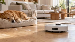 Aspirateur robot passant près d'un golden retriever endormi dans un salon clair